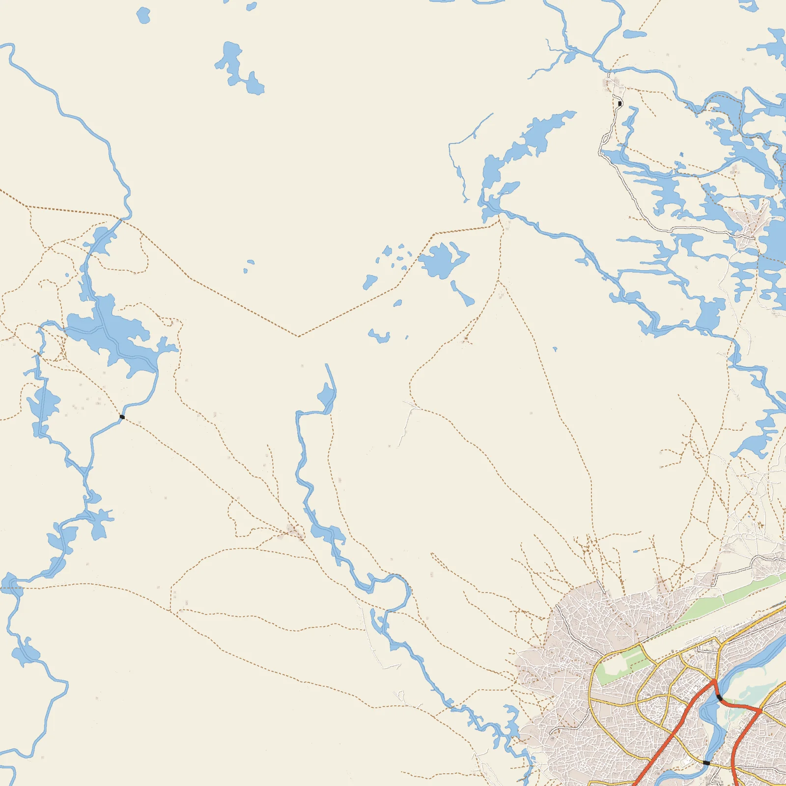 The game's paper map of the stage: Maun in the south-east, the delta's channels in the north
